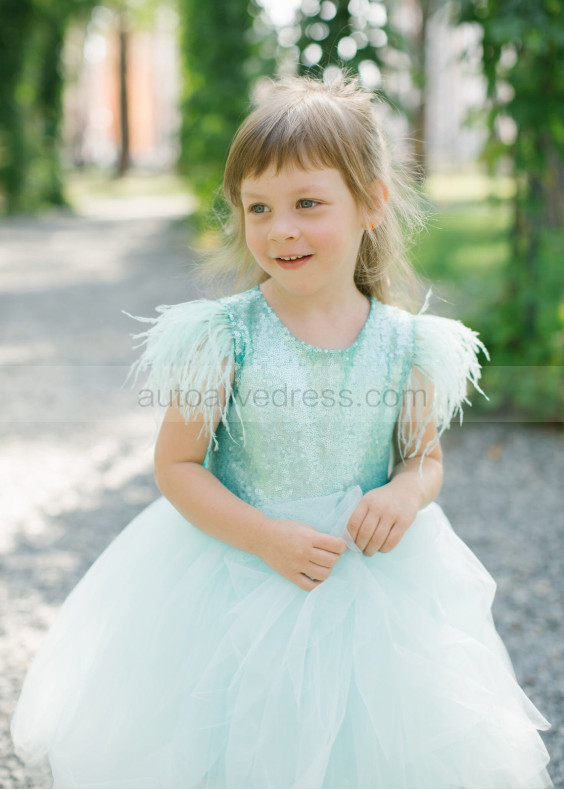 Sequin Tulle Feather Keyhole Back Flower Girl Dress